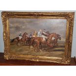 After Sir Alfred Munnings (1878-1959) The start of the race, oil on canvas, 59cm by 90cm