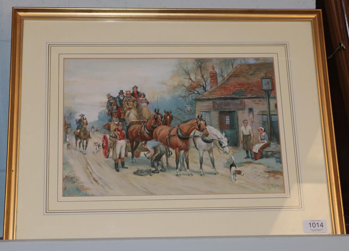 George Taylor (19th century) An impromptu re-shoeing, signed watercolour, 24cm by 36cm