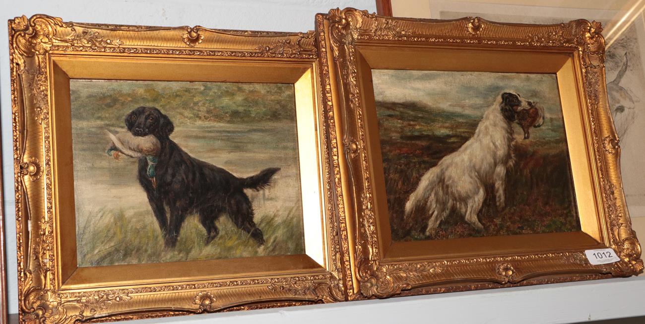 British School (19th century) Setter with grouse in moorland and a flat coated retriever with