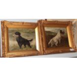 British School (19th century) Setter with grouse in moorland and a flat coated retriever with