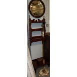 Early 19th century inlaid tea caddy, onyx standard lamp, mahogany wall shelves, circular wall