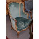A 19th century gilt framed, upholstered chair . Structurally sound, with a few scuffs, scrapes and