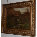 British School (19th century) Autumnal Landscape with Bridge, indistinctly monogrammed and dated
