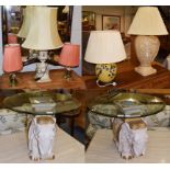 A pair of modern ceramic Elephant table with circular glass tops, together with a large modern urn