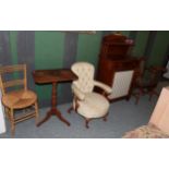 A Victorian mahogany chiffonier with a brass grill door, a Victorian open armchair, two tripod