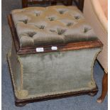 A Victorian upholstered box stool covered in green velvet