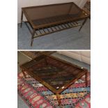 Two 1970's brass and smoked glass coffee tables and a pair of lamp tables