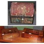 Small domed trunk with tapestry mount bound in metal; inlaid hinged work box and another in