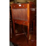 A late George III mahogany tambour front bedside cupboard, galleried top, two drawers, square