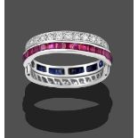 A Ruby, Sapphire and Diamond Eternity Swivel Ring, the main band channel set in white with calibré