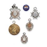 Five Various Victorian and Edward VII Silver Medals and a Victorian Silver and Enamel Button, the