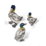 Three Enamelled Silver Models of Ducks, Probably Saturno, With English Import Marks for Mark