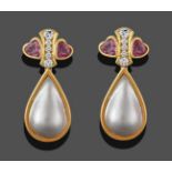 A Pair of Diamond, Pink Tourmaline and Mabe Pearl Drop Earrings, a row of five graduated round