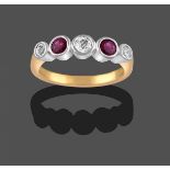 A Ruby and Diamond Five Stone Ring, three round brilliant cut diamonds alternate with two round