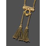 A Victorian Brooch/Pendant on Chain, two yellow tassel drops chain linked from a circular loop