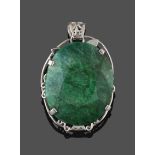 An Emerald Pendant, the oval cut emerald in a white claw setting to a scroll border, measures 6.
