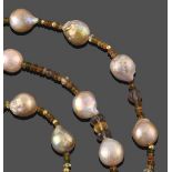 A Multi-Gemstone Bead Necklace, cultured pearls spaced by multi-coloured tourmaline, citrine, pyrite