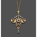 An Edwardian Seed Pearl and Aquamarine Brooch/Pendant on Chain, a central cluster formed of a