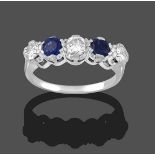 A Sapphire and Diamond Five Stone Ring, three round brilliant cut diamonds alternate with two