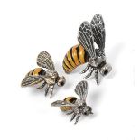 Three Enamelled Silver Models of Bees, Probably Saturno, With English Import Marks for Mark