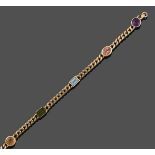 A Multi-Gemstone Bracelet, the yellow curb links spaced by a round cut amethyst, an oval cut pink