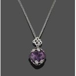 An Amethyst and Diamond Pendant on Chain, the fancy cut amethyst within a white multi-hoop cup