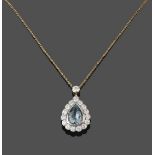 An Aquamarine and Diamond Cluster Pendant on Chain, the pear cut aquamarine within a border of round