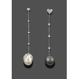 A Pair of Similar Cream and Grey Baroque Cultured Pearl and Diamond Drop Earrings, the smaller white