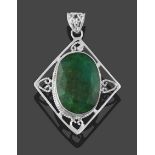 A Green Beryl Pendant, the oval cut green beryl in a white claw setting to a kite shaped border,