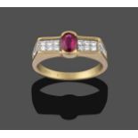 A Ruby and Diamond Ring, the oval cut ruby in a yellow claw setting, flanked by two rows of eight-