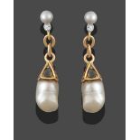 A Pair of 9 Carat Gold Cultured Pearl, Diamond and Enamel Drop Earrings, a split pearl suspends an