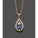 A 9 Carat Gold Sapphire, Diamond and Split Pearl Pendant on Chain, an oval cut sapphire surmounted