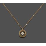 An Early 19th Century Diamond, Baroque Pearl and Enamel Pendant on Chain, the circular band of