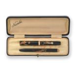 A Namiki 14ct Gold-Mounted Fountain-Pen and Pencil, each in black resin and with gilt-heightened