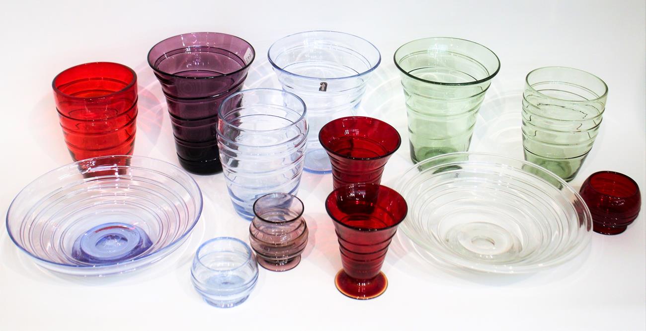 Whitefriars - A Group of Ribbon-Trailed Glass Vases and Bowls, in ruby, flint, amethyst, sea green
