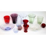 Whitefriars - A Group of Ribbon-Trailed Glass Vases and Bowls, in ruby, flint, amethyst, sea green