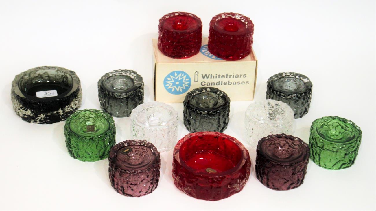 Whitefriars - Geoffrey Baxter: Eleven Textured Range Candlebases, in ruby (boxed) flint,