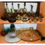 Mid century glass including Holmegaard dishes, a large bowl with amber and white mottling decanters,