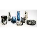 Whitefriars - William Wilson and Harry Dryer: Eight Knobbly Range Glass Lamp Bases, Vases and Bowls,