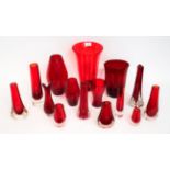 Whtefriars - A Group of Ruby Glass Vases, various patterns and sizes (15)
