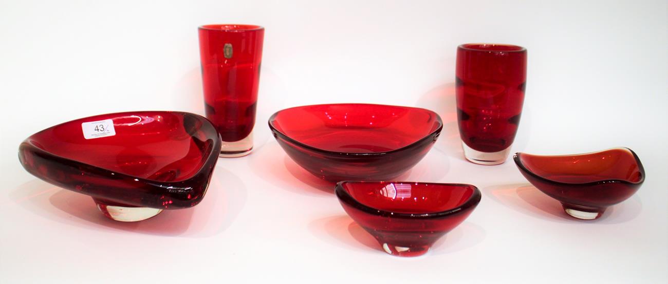 Whitefriars - Six Glass Vases and Bowls, in ruby, various patterns and sizes