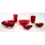 Whitefriars - Six Glass Vases and Bowls, in ruby, various patterns and sizes