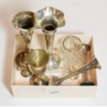 A collection of assorted silver, including four various trumpet shaped vases, two cups, one with two