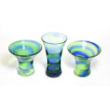 Three 1930's Steven and Williams (Royal Brierley) Rainbow Glass Vases, with blue and green spiral