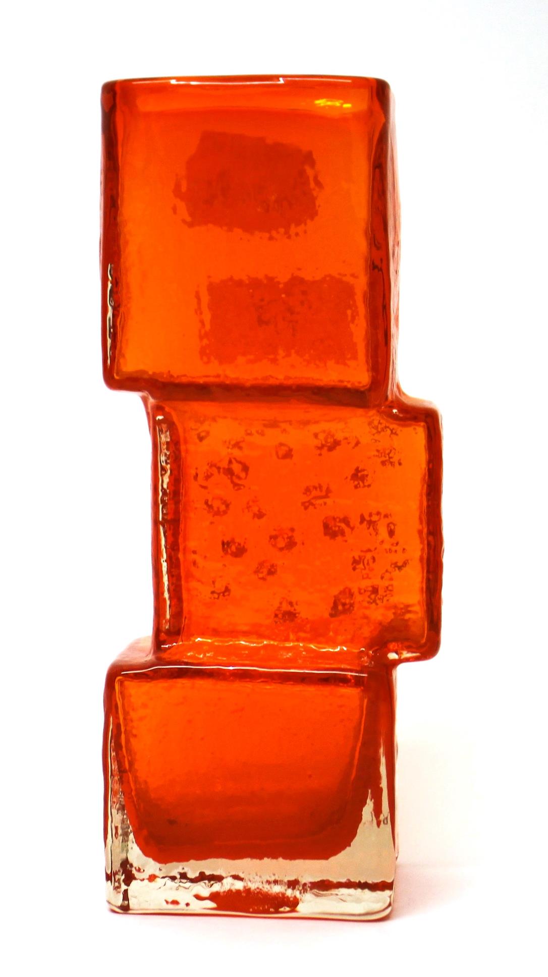 Whitefriars - Geoffrey Baxter: A Textured Range Drunken Bricklayer Glass Vase, in tangerine, pattern