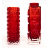 Whitefriars - Geoffrey Baxter: A Textured Range Aztec Glass Vase, in ruby, pattern 9816, 17.5cm high