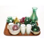 A Group of Royal Brierley studio range art glass, in green, pink, gold, silver white iridescent,