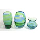 Three 1930's Steven and Williams (Royal Brierley) Rainbow Glass Vases, with blue and green spiral