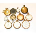 Seven plated pocket watches, silver lady's fob watch, nickel plated Royce lady's fob watch and a