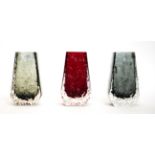 Whitefriars - Geoffrey Baxter: A Trio of Textured Range Coffin Glass Vases, in ruby, willow and